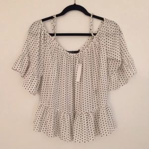 White Polka Dot Cold Shoulder Nasty Gal Ruffle Top [New] [Small]